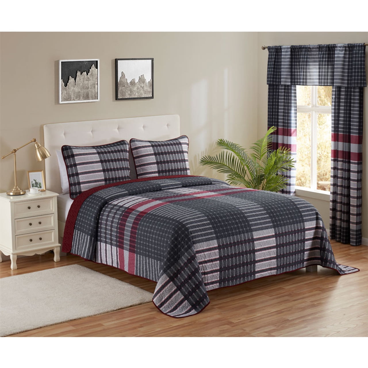 Legacy Decor 3 Pcs Quilt Reversible Bedspread Coverlet Red & Black Patchwork Design Ultra Soft Microfiber Oversized Queen 100"W x 106"L, All Ages.