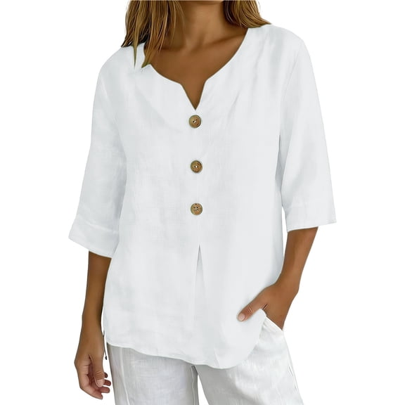 cocolona Womens 3/4 Sleeve Linen Shirts Summer Solid Color V Neck Button Tops Fashion Casual Loose Tunic Blouses