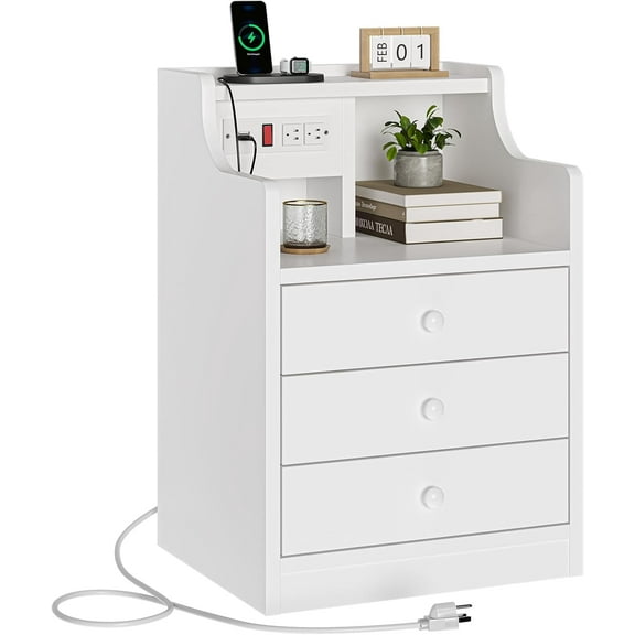 Afuhokles Nightstand with Charging Station, Night Stand End Table with Hutch and Storage Drawers, White