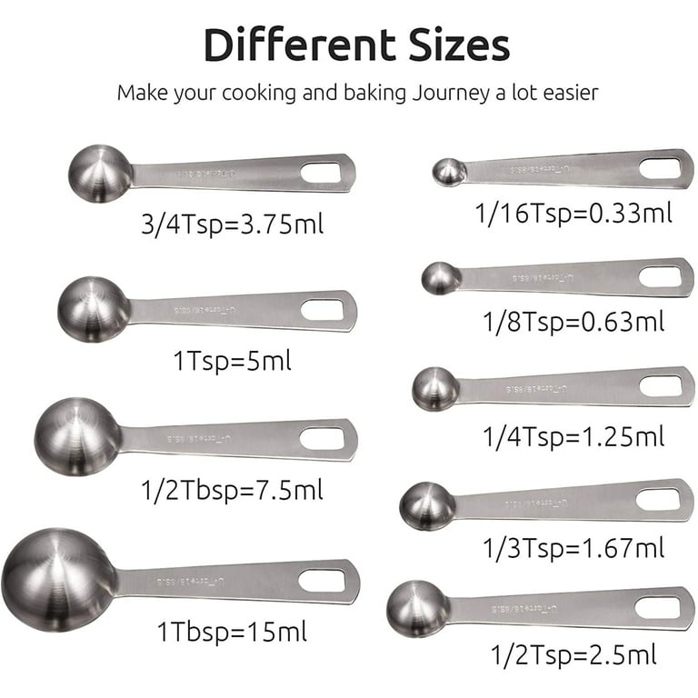 18/8 Stainless Steel Measuring Spoon Set of 9 Kitchen Measuring Spoons:  1/16 tsp,1/8 tsp,1/4 tsp,1/3 tsp,1/2 tsp,3/4 tsp,1 tsp,1/2 tbsp 1 tbsp for  Cooking Liquid and Solid Ingredients 