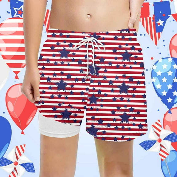 Mrzhqd Boys Swim Trunks With Compression Liner Size 10-12 Years Boys Swimsuits Independence Day Star Stripe Print Boys Stretch Swim Shorts Swimwear Red