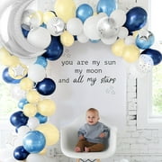 Sweet Baby Co. Twinkle Twinkle Little Star Baby Shower Decorations Balloon Garland Kit with Navy Blue, Yellow, White Balloons, Light Silver Moon and Stars for Party Decor, Birthday Decoration Backdrop