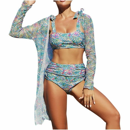 Jamicy Long Sleeve Cover Up with Swimsuits for Women Beachwear for Women Women s Printed 3 Pieces High Waist Bikini Set with Maxi Swimsuit Cover Up