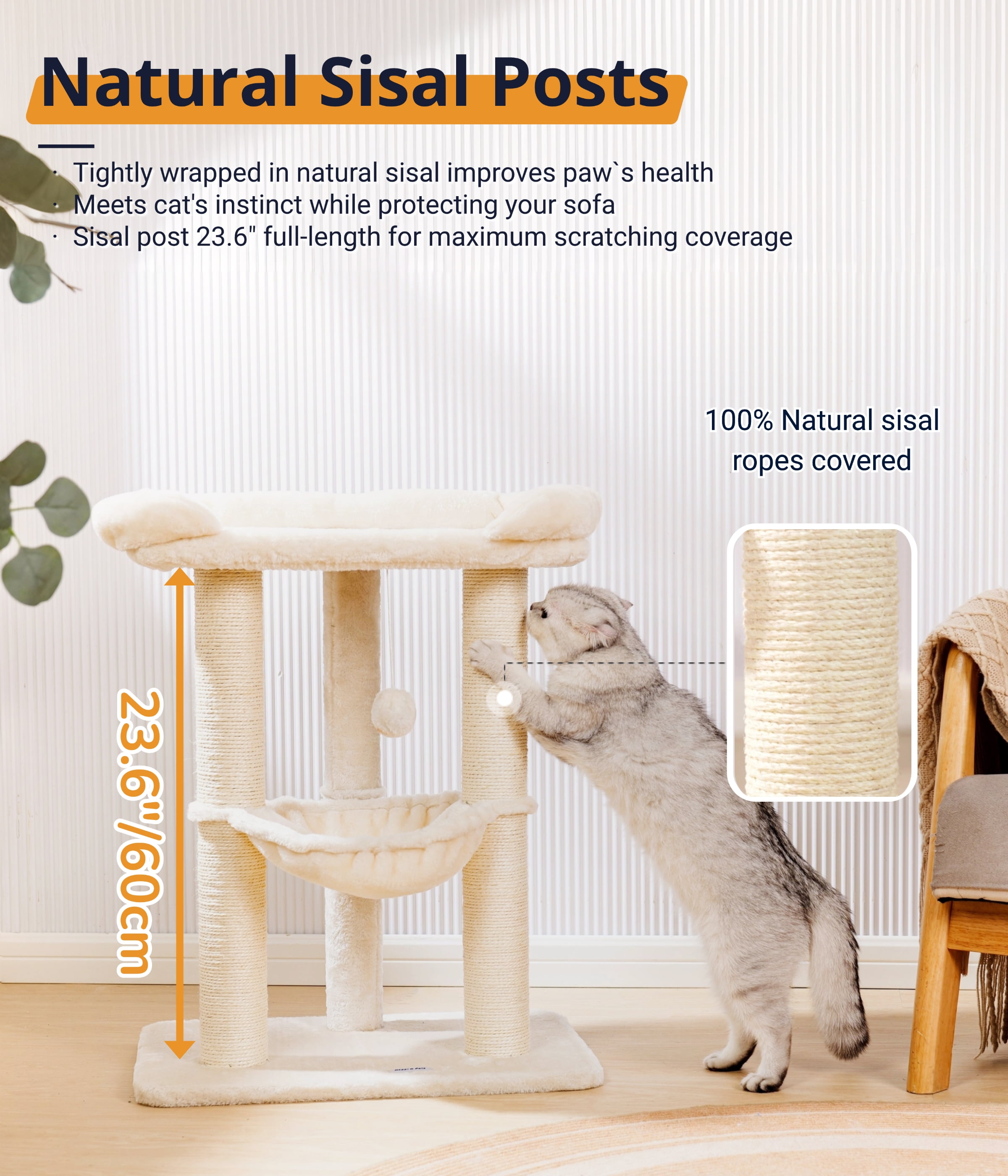Happi N Pets 28" Cat Tree Tower, Tall Cat Scratching Post with Perch for Window Viewing, Large Bed for Big Cats, Cat Tower with Hammock, Removable Cover-Beige