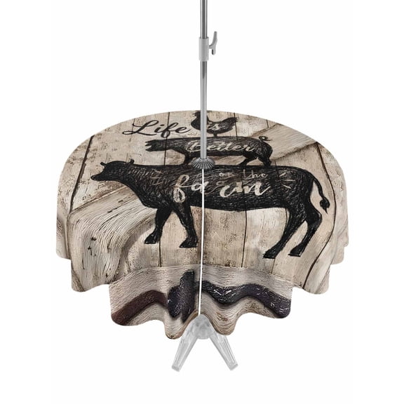 Outdoor Tablecloth with Umbrella Hole for Patio/Picnic/Party/Camping, Farmhouse Animals Waterproof Table Cloth Round Cover Washable, Rooster Pig Cattle Brown Wooden Plank (Dia 54")