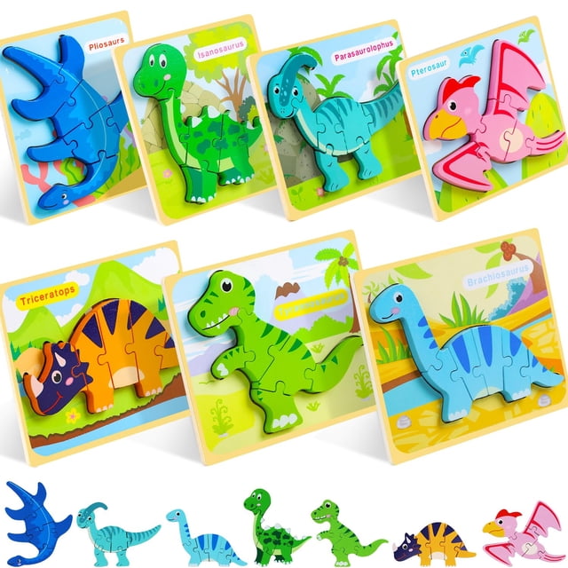 Puzzles TOY Life, dinosaurio de madera para niños pequeños, 7 unidades, de 2 a 4 años