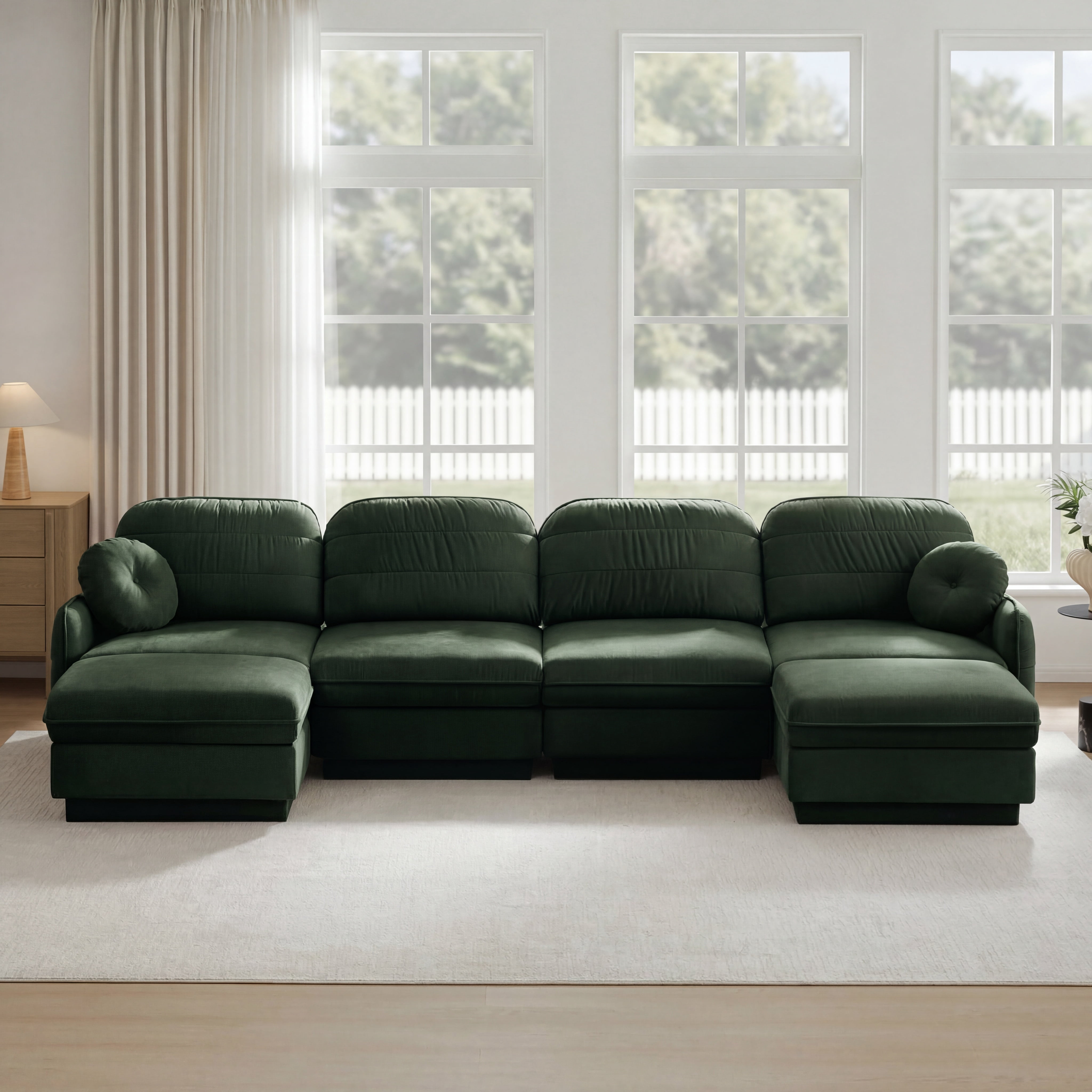 Mintazer 137" Chenille Cloud 4-Seater Modular Sectional Sofa with 2 Movable Ottoman & Round Pillows, U-Shaped Ergonomic Sofa Couch for Living Room, Apartment, Green
