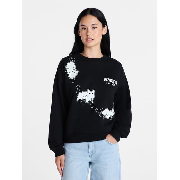 Scaredy Cat Club Women's Halloween Graphic Crew Pullover, Sizes XXS-XXL
