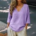 thumbnail image 2 of Linen Womens Tops, Womens Linen Tops 3/4 Sleeve V-Neck Linen Cotton Tunic Blouse, Casual Peasant Shirts Breathable Soft Beach Vacation Tees Loose Flow Shirts for Holiday Leisure Activities, 2 of 9