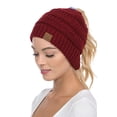 thumbnail image 3 of C.C BeanieTail Soft Stretch Cable Knit Messy High Bun Ponytail Beanie Hat Burgundy, 3 of 3