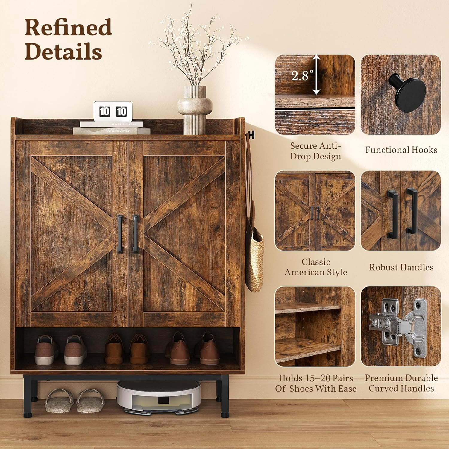 Shoe Storage Cabinet with Doors, Farmhouse Shoe Cabinet with 2 Adjustable Shelves and 4 Side Hooks, Wooden Shoe Rack Organizer Cabinet for Entryway, Foyer, Hallway, Rustic Brown
