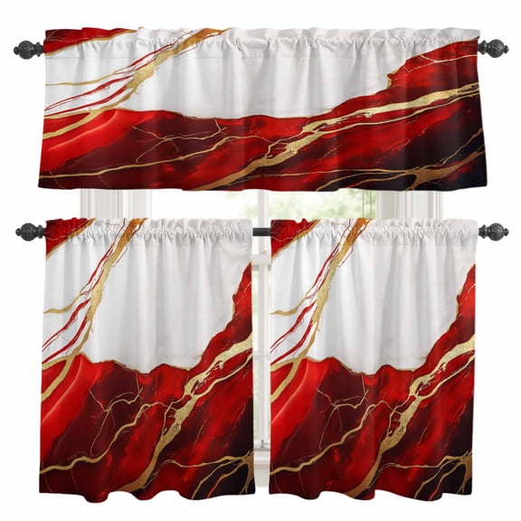 Red Marble Kitchen Curtains Sets for Windows 36 Inch Length, Modern Ink Painting Art Abstract Rod Pocket Window Treatments Tier Curtains and Valances Set for Bedroom/Bathroom