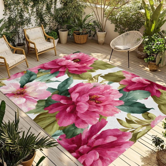 Pink Floral Outdoor Rug for Patio/Deck/Porch, Non-Slip Large Area Rug 6 x 9 Ft, Watercolor Flowers Leaves Plants Watercolor Indoor Outdoor Rugs Washable Area Rugs, Camping Rug Carpet Runner