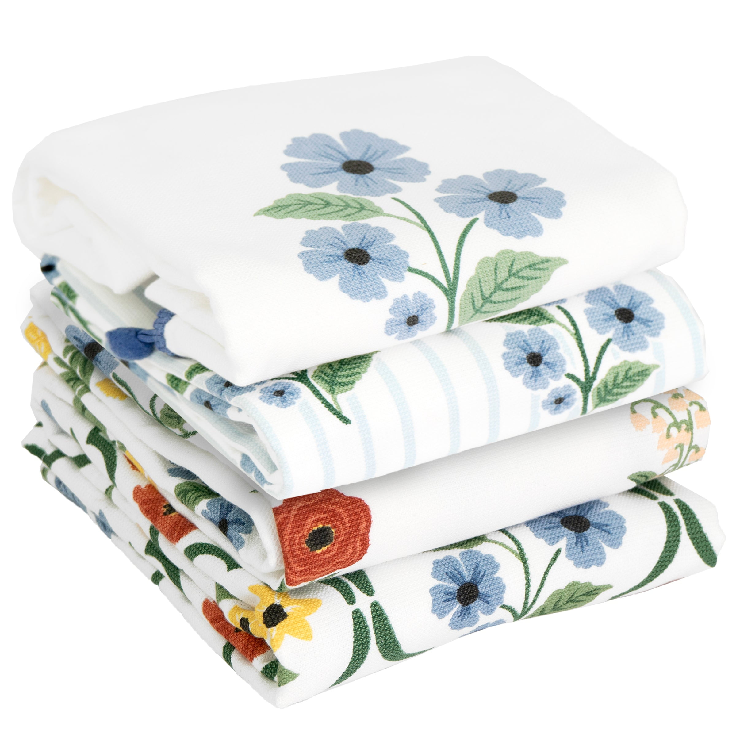RITZ 100% Cotton Kitchen Towels, Blue Trellis Floral – Absorbent Dish Towels for Drying & Cleaning – Soft & Durable (Set of 4)