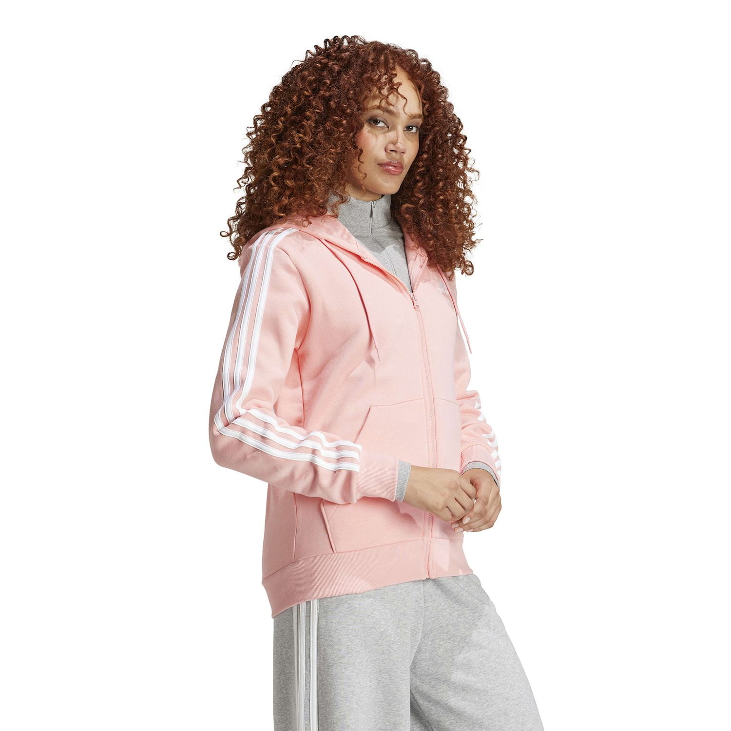 Adidas Women's Pink Essentials 3-Stripes Full Zip Fleece Hoodie, L