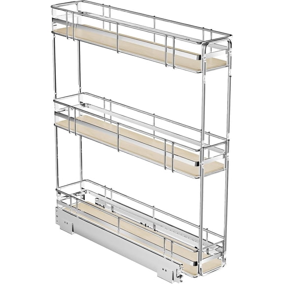 3-Tier Pull Out Cabinet Organizer Spice Rack for Cabinet Slide Out Wood Shelves Storage for Kitchen 21"D x 5"W x 21.5"H