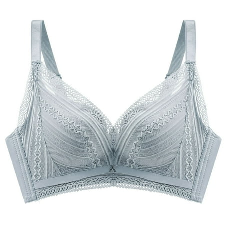 REORIAFEE Bras for Older Women Gathered Together Wireless Bras Lace Adjustable Straps Brassiere Comfy Spaghetti Straps Breathable Corset Underwear Comfortable Classic Support Lingerie Gray S