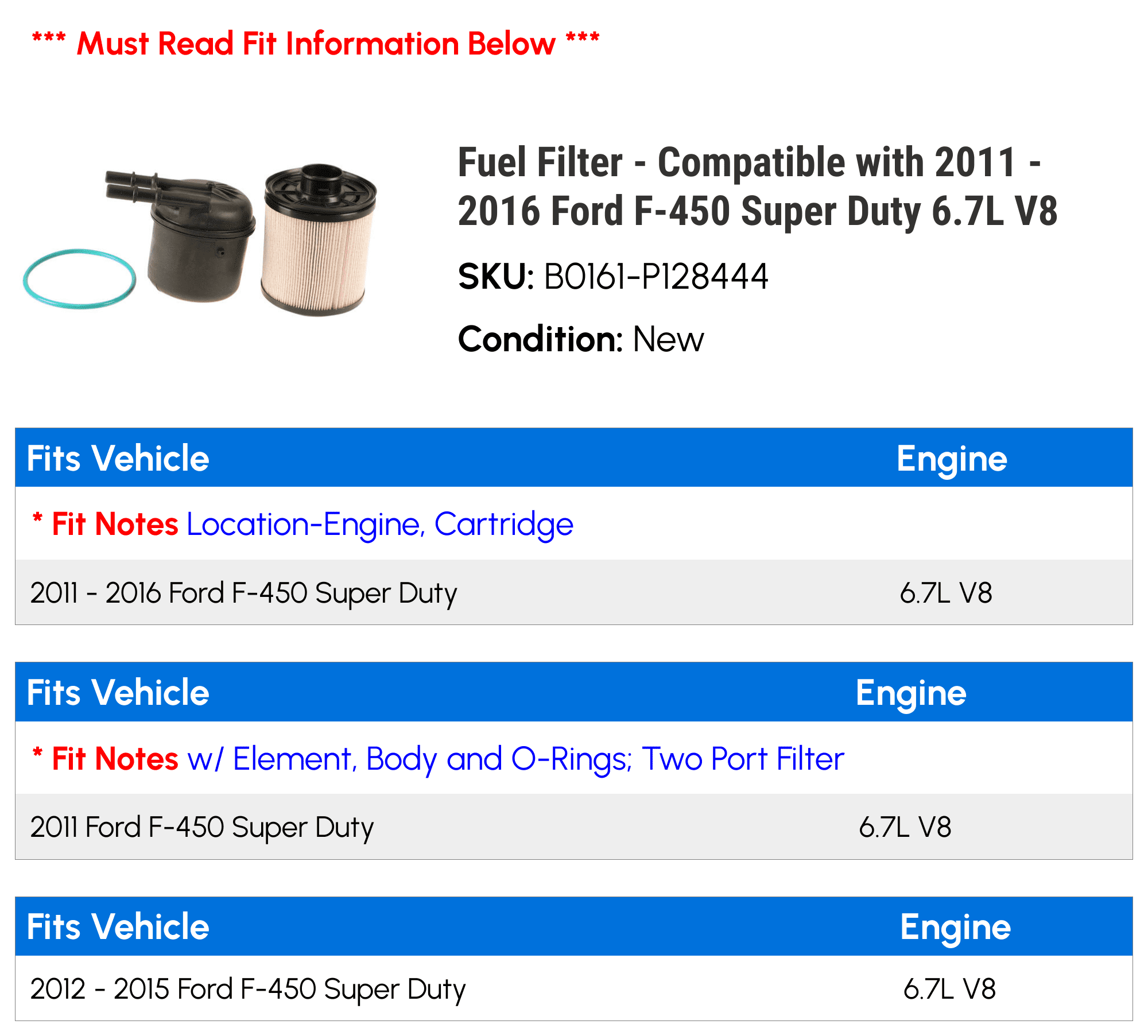 Fuel Filter - Compatible with 2011 - 2016 Ford F-450 Super Duty 6.7L V8 2012 2013 2014 2015