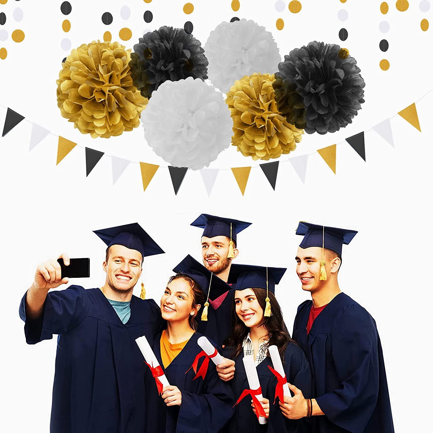 Black Gold Graduation Party Decorations - 23pcs Kits Farewell Tissue Pom Poms Flowers,Streamers Banner,Tassel Garland 50th Men Birthday Bachelorette Baby Shower Decoration Bunting