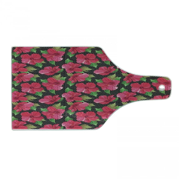 Hawaii Cutting Board, Polka Dotted Background Hand Drawn Flower Hibiscus Polynesian Flora, Tempered Glass Cutting and Serving Board, Wine Bottle Shape, Magenta Fern Green Black, by Ambesonne
