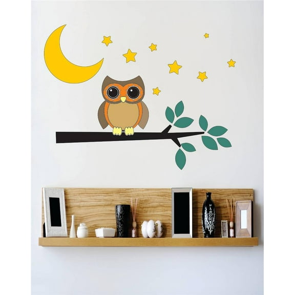 Family Cute Animal Wall Decal Decoration Cute Owl Sitting Under Moon and Stars Lasts Years and Easily Removable - Size: 7 In(W) x 10 In(H)