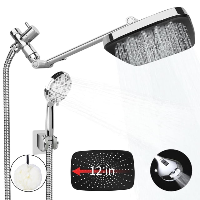 PHANCIR Juego de Cabezal de Ducha Tipo Lluvia de Alta Presión de 12" con Brazo de Extensión Ajustable de 11". Boquillas Antiobstrucción y Ajustes de Pulverización Versátiles, Manguera de 60", Cromada