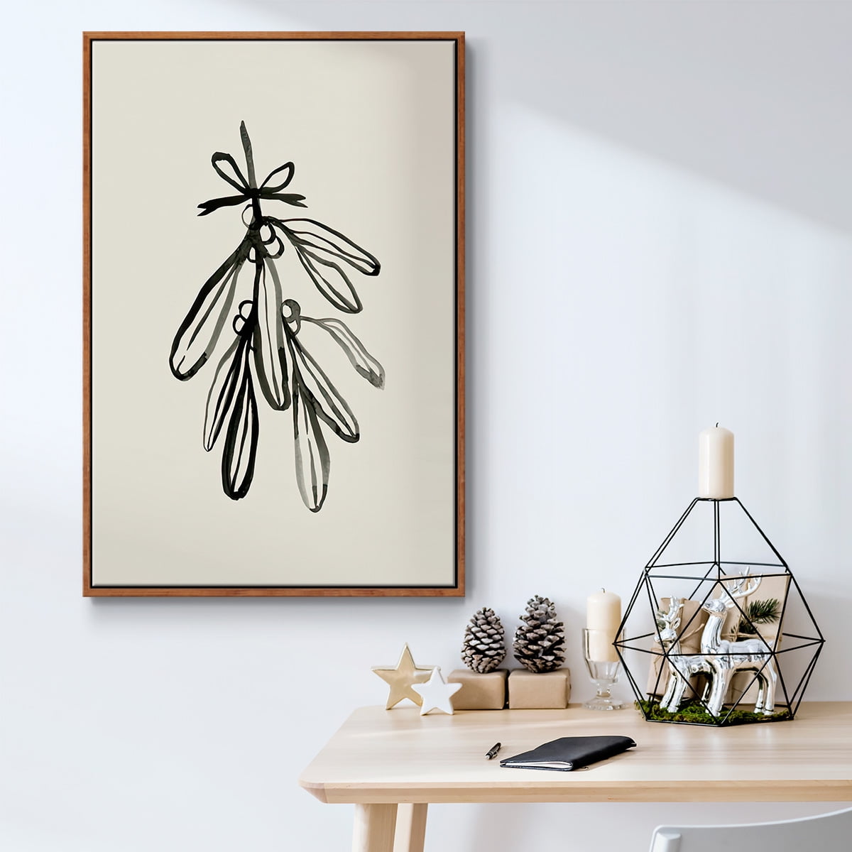 Mistletoe Sketch with Bows I - Framed Gallery Wrapped Holiday Canvas - 17 x 25 - Rosewood Frame