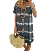 Short Sleeve Stripe Tie Dye Dress for Womens Summer Casual V Neck Short Dress Loose Beach Sun Dress