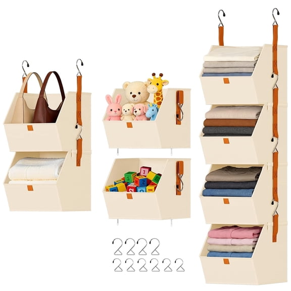 Hanging Closet Organizer, 4 Tier Clothes Hanging Shelves, Space-Saving Collapsible Baskets Storage Bins Separable Closet Organization for Bedroom, Nursery, Diapers, Dorm, Beige