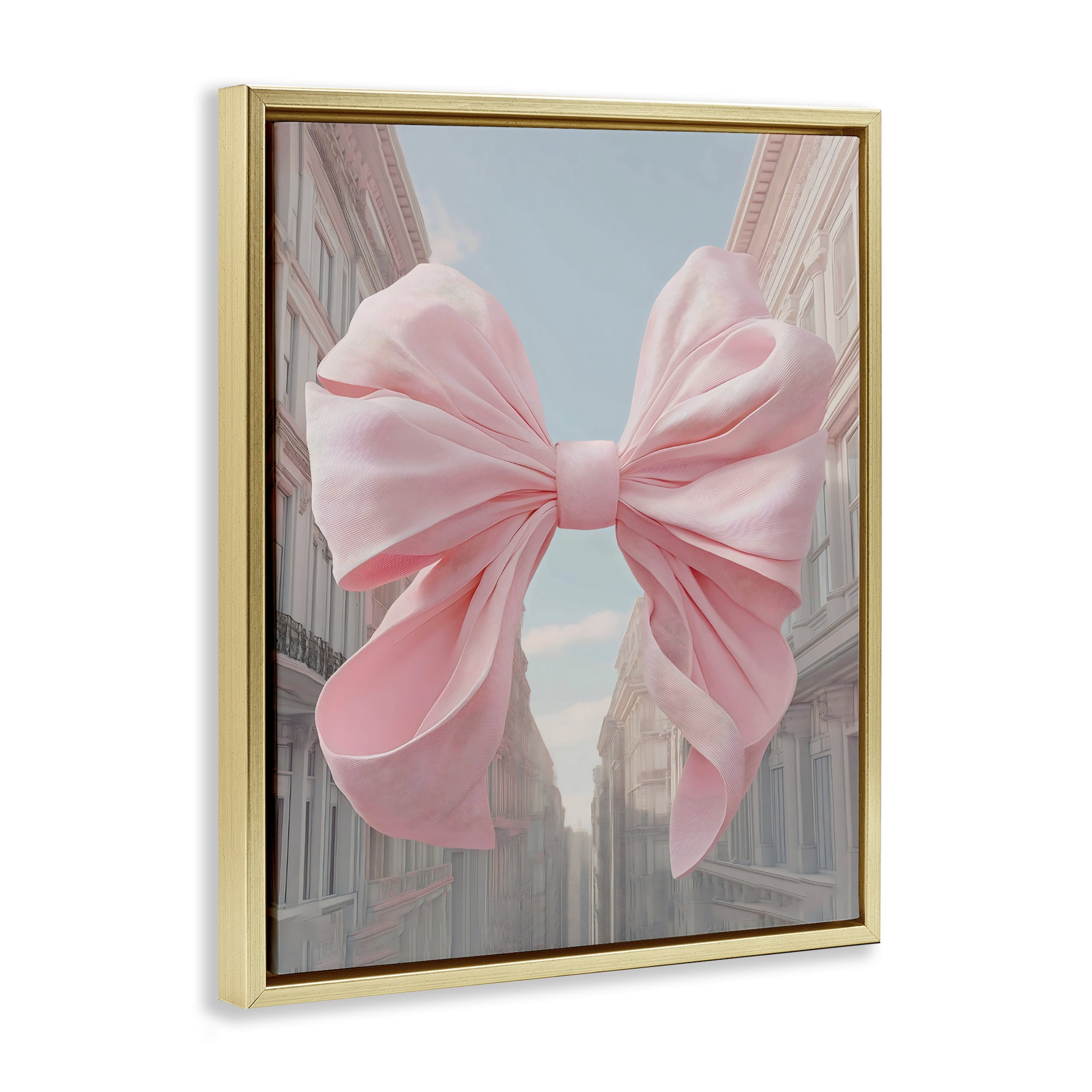 Stupell Industries Pink Bow over City Street Gold Framed Floater Canvas Wall Art, design by The Prints Vibe