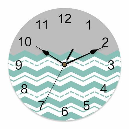 Wall Clock Grey Turquoise Waves Clocks PVC Silent Non-Ticking Battery Operated Decorative Chevron Stripe Round Clock for Home Living Room Kitchen Bedroom Office School Wall Decor 10 Inch