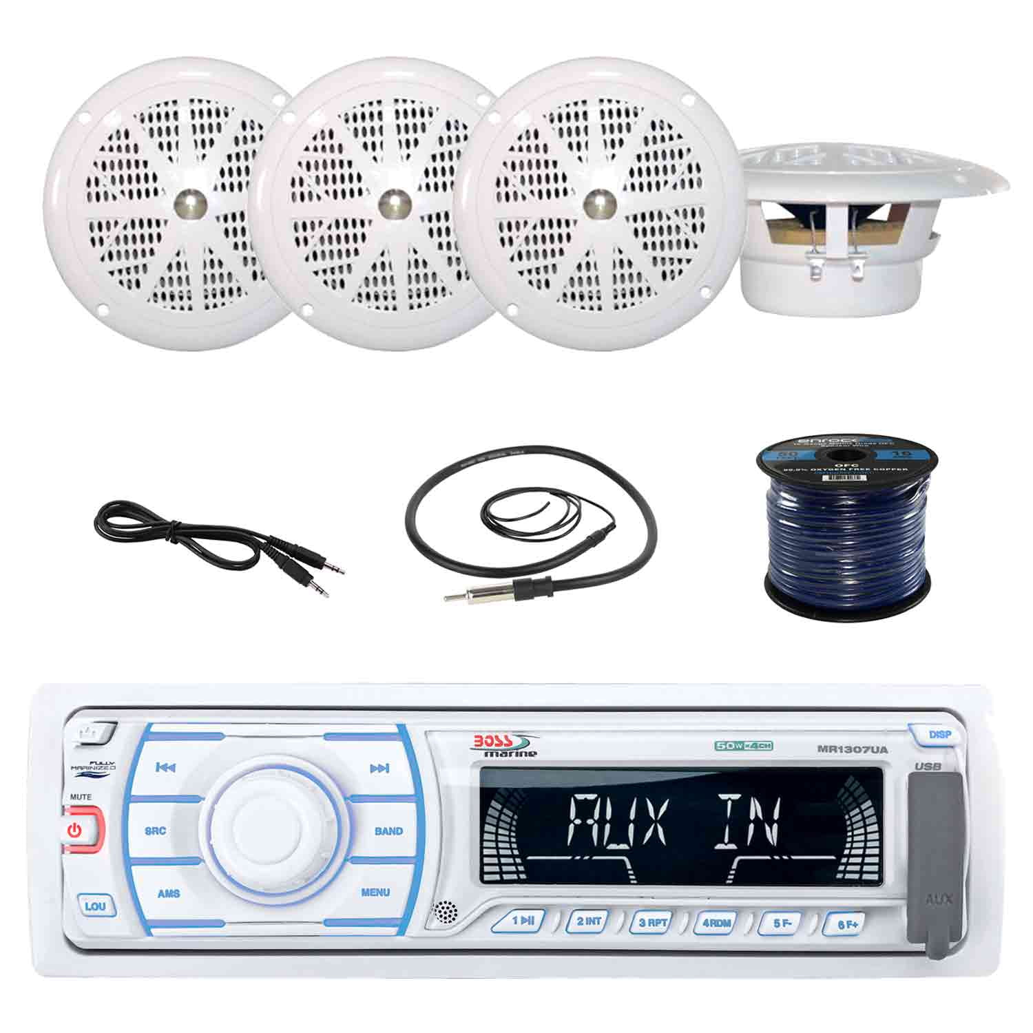 Boss MR1307UA Marine 1Din Mechless Receiver w/Boss 3' MaleMale Aux