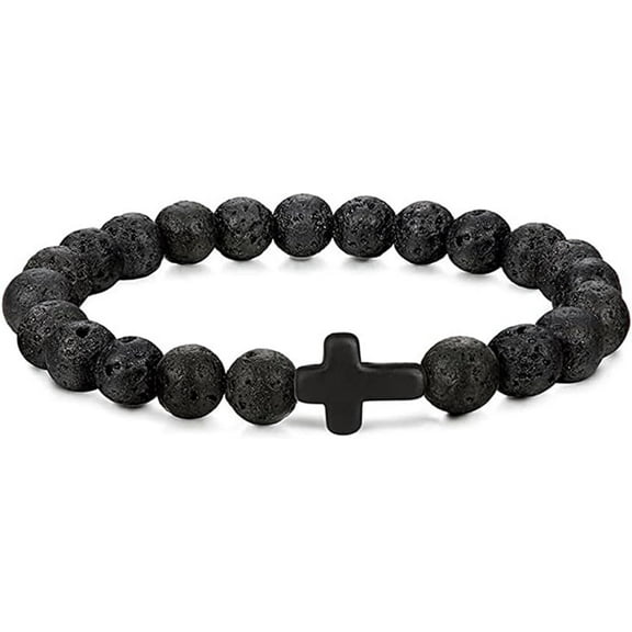 Black Natural Stone Cross Frosted Bracelet,Mens Beaded Elastic Wrist Rope Stretch Relax Yoga Retro Christian Pray Baptism Presents Jewellery