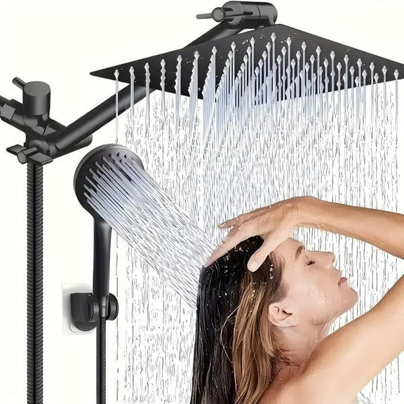 WSRFSDBlack 8" Rain Shower Head with Handheld Spray Combo High Pressure Adjustable Arm - Modern Black Bathroom Rainfall Showerhead Set with Detachable Handheld Sprayer,