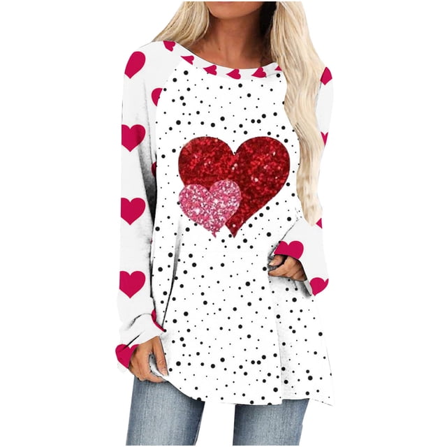 Diufon Hauts de la Saint-Valentin pour Femmes Manches Longues Col Rond Chandail Chemise Tendance Mignonne Robe Imprimée à Sequins Blouse