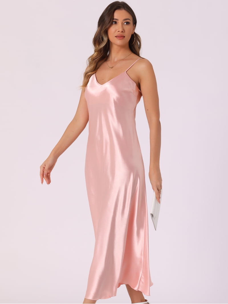 DARING DIVA Satin V Neck Spaghetti Strap Silky Maxi Dress L Pink -  Walmart.com