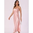 thumbnail image 4 of DARING DIVA Satin V Neck Spaghetti Strap Silky Maxi Dress S Pink, 4 of 6