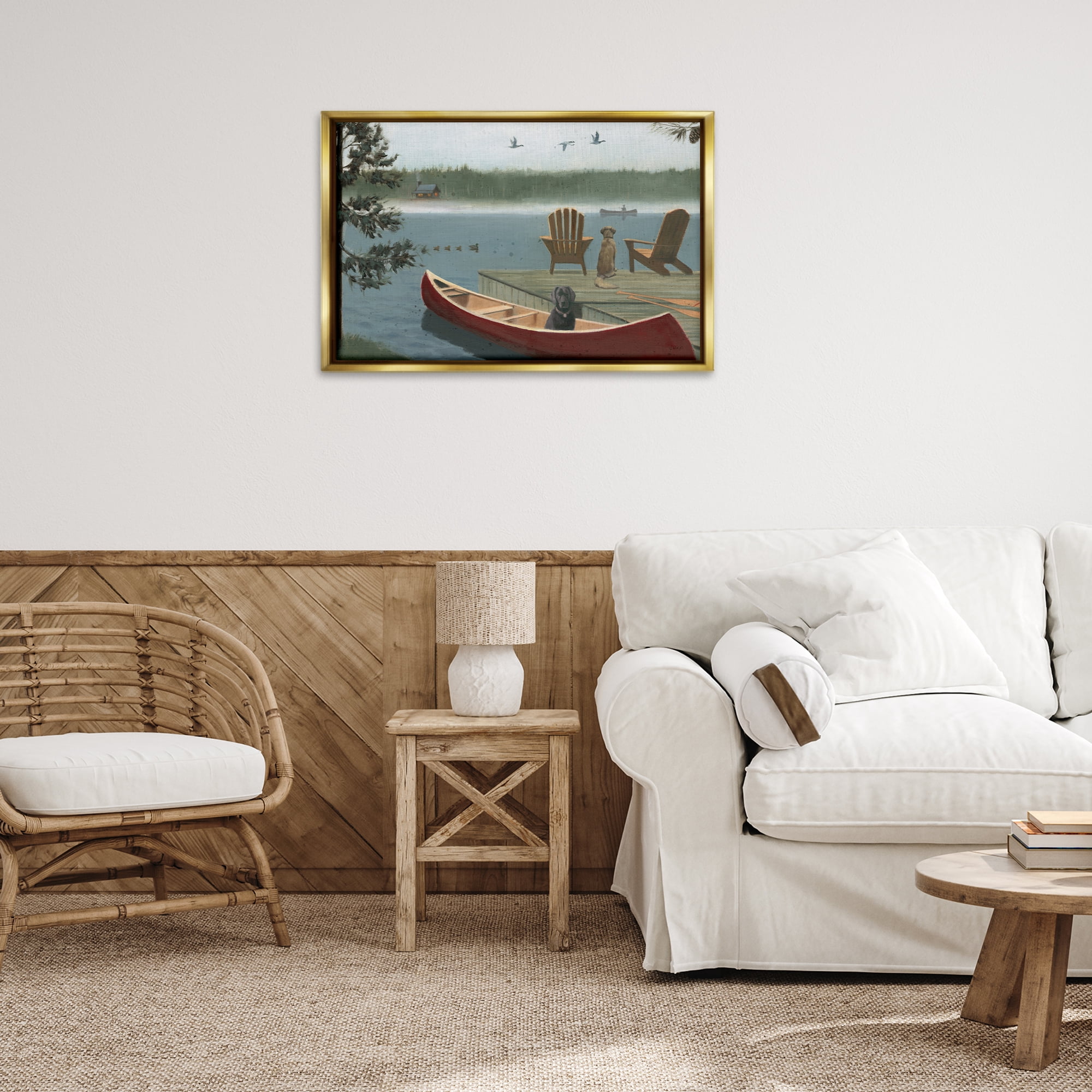Stupell Industries Dogs on Lake Dock Landscape & Nature Painting Gold Floater Framed Canvas Art Print Wall Art, 31 x 21