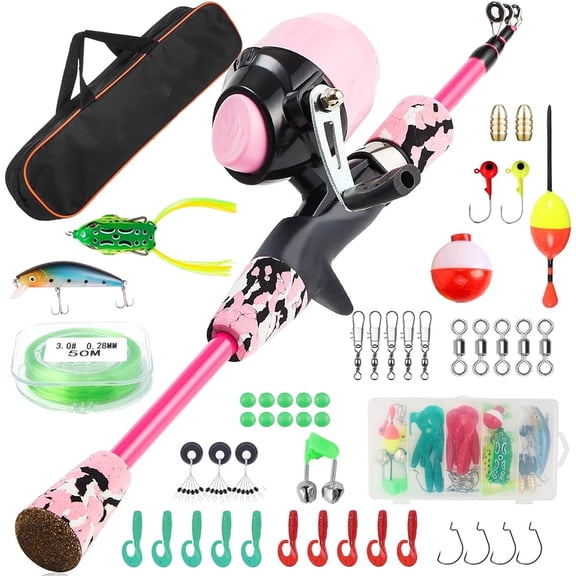 Jercoda Fishing Reel Set with Lures, Fishing Pole and Reel Cambo Kit with Storage Bag, Portable Fishing Set wtih Tackle Box for Youth Beginners, Pink