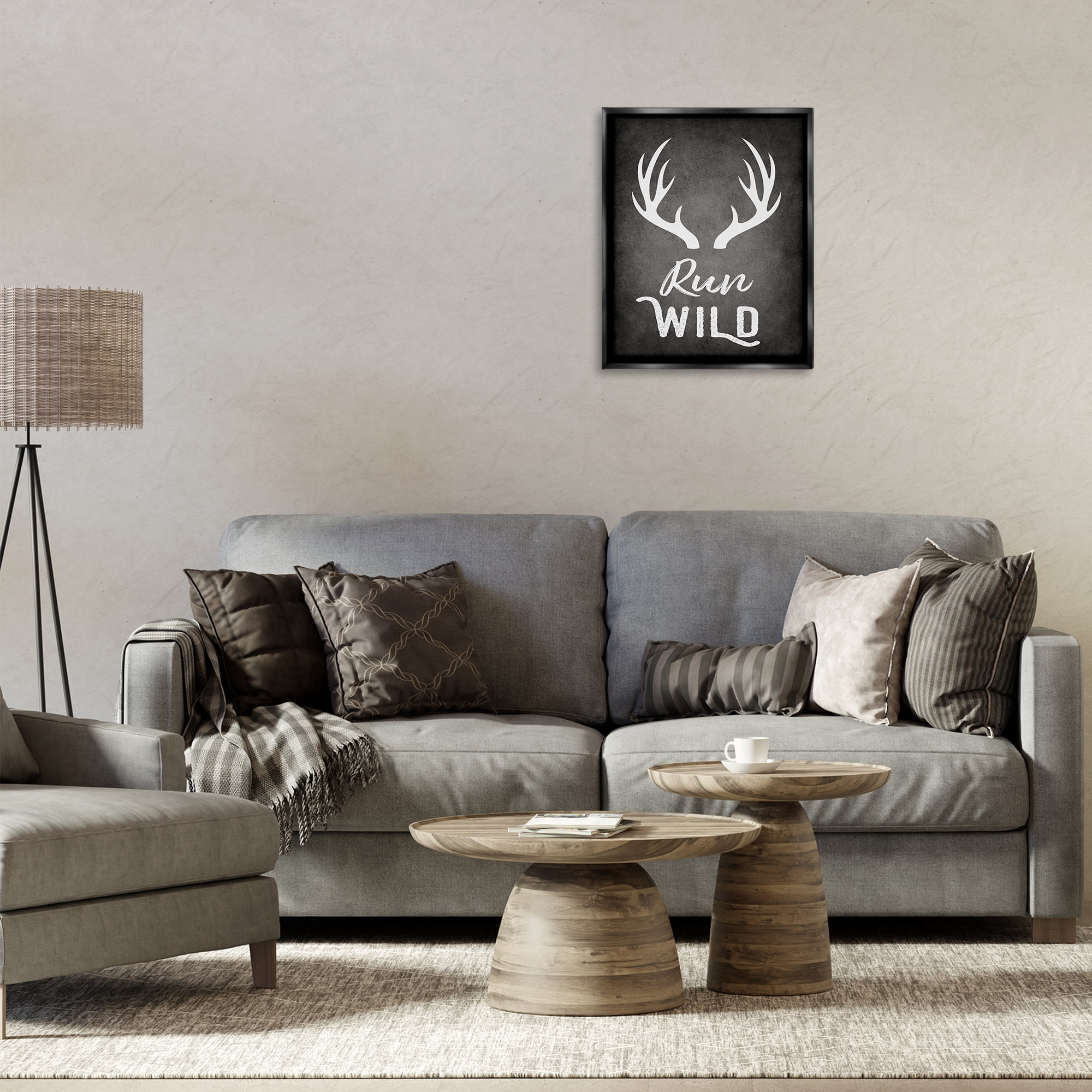 Stupell Industries Run Wild Antlers Typography Painting Black Floater Framed Canvas Art Print Wall Art, 17 x 21