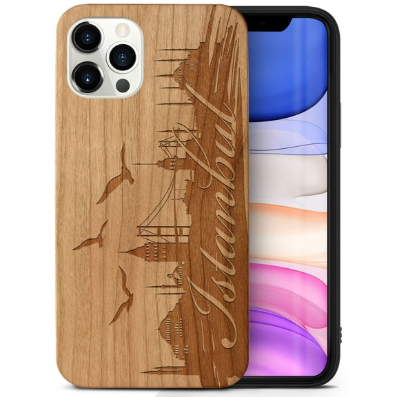 Case Yard Wooden Case Outside Soft TPU Silicone Slim Fit Shockproof Wood Protective Phone Cover for Girls Boys Men and Women Supports Wireless Charging Istanbul Love Design case for iPhone-12-Pro-Max