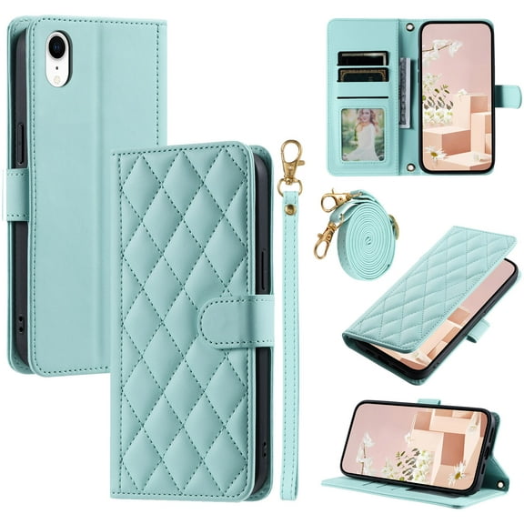 Mantto for iPhone XR Wallet Case with Detachable Wrist Strap & Shoulder Strap,Shockproof Luxury PU Leather Purse Credit Card Slots Magnetic Flip Kickstand Crossbody Phone Case, Mint