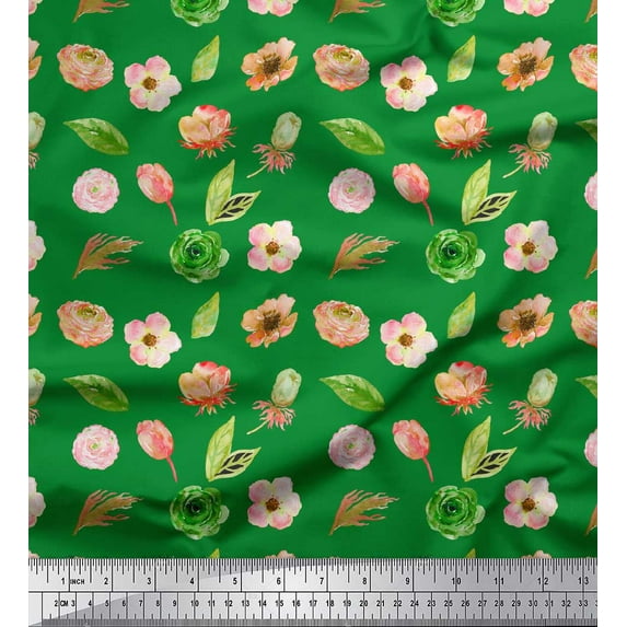 Soimoi Green Cotton Cambric Fabric Anemone & Leaves Print Fabric by Yard 56 Inch Wide