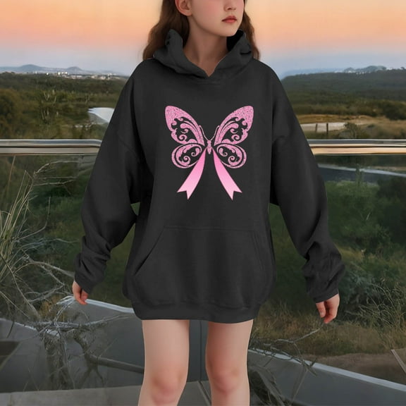 Thetops Toddler Breast Cancer Awareness Hoodie, 3-4T Black, Pink Ribbon Butterfly Design, Comfortable Polyester Spandex for Kids