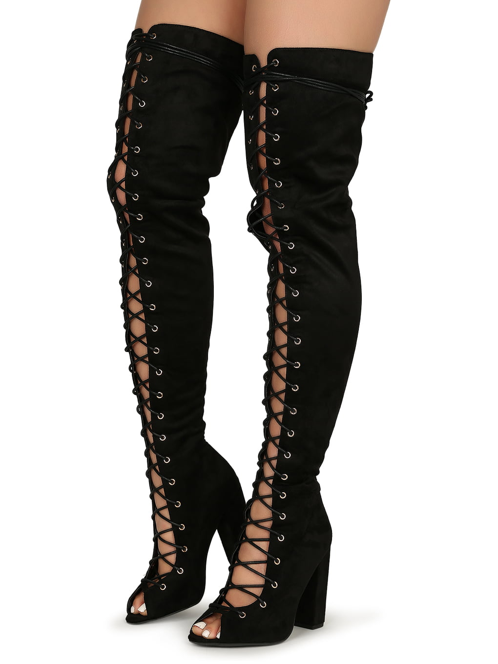 Over The Knee Boots Thigh High Stretch Upper Open Toe Chunky Block Heel Boot 