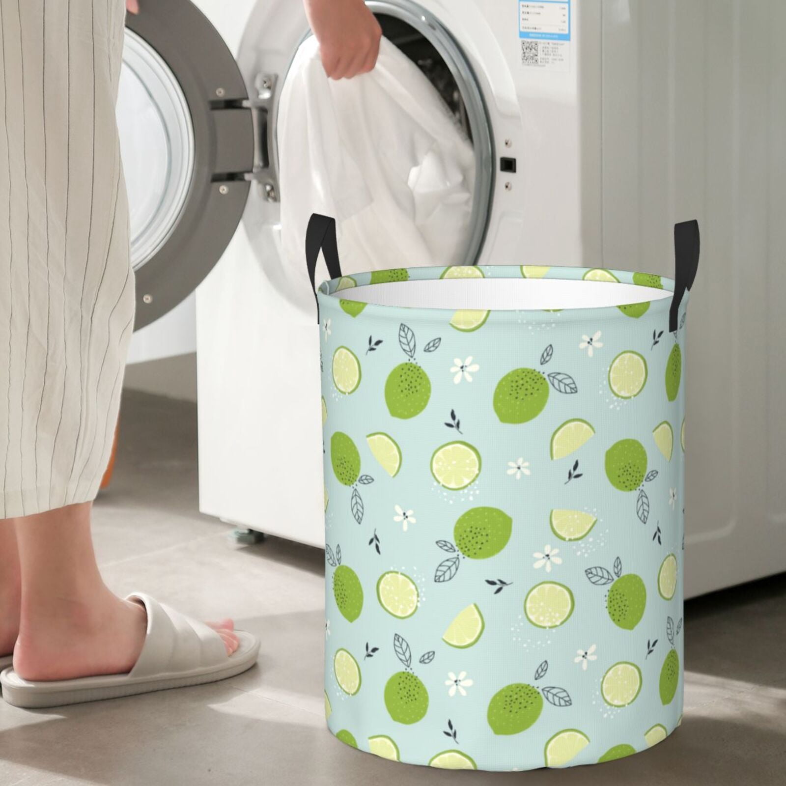 Large Laundry Basket with Handles - Cute Limes Flower Leaves Kids Baby Dirty Clothes Laundry Hamper for Bedroom Aesthetic