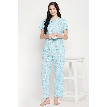 

Doodle Print Button Down Shirt & Pyjama Set in Sky Blue - 100% Cotton