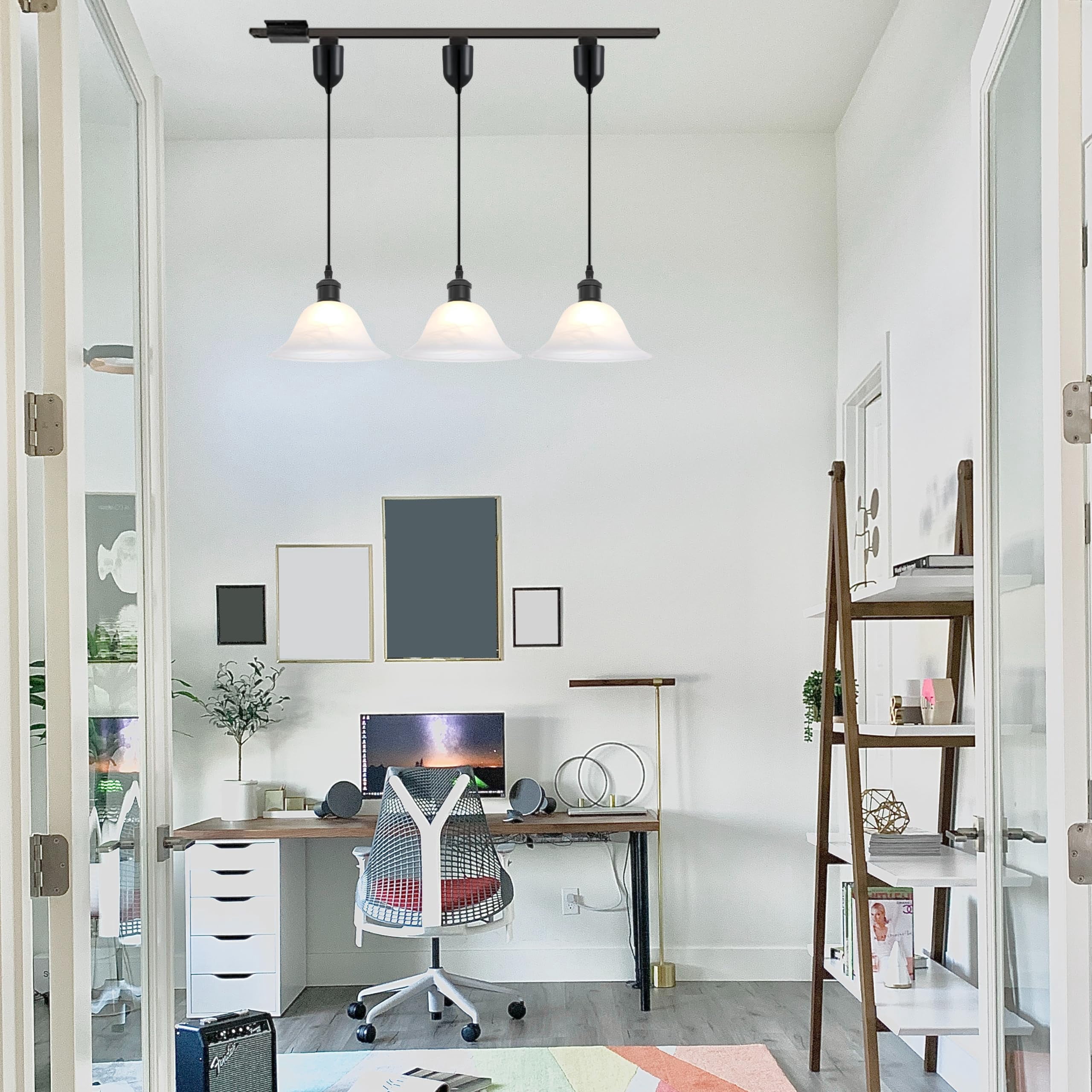 Kiven H-Type Track Lighting Pendants Adjustable Height,Modern h Track Pendant Lights with Alabaster Glass Shade,Track Lighting Fixture for Kitchen Island Hallway, 1 Light(Black)
