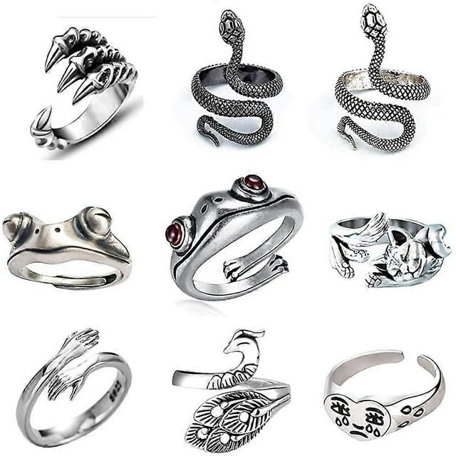 9 Pcs Frog Rings Cute Animal Open Ring Retro Vintage Snake Rings Set