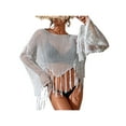 thumbnail image 3 of Women Casual Beachwear Cover-Up, Solid Color Flared Long Sleeve Hollow-Out Tassel Tops, 3 of 8